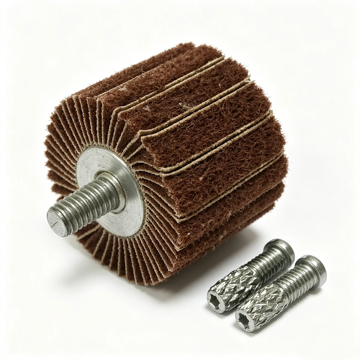 Non-Woven Abrasives Mounted Flap Wheel, Aluminum Oxide A, 1-1/2" Diameter x 3/4" Length, 1/4" Shank, 15000 Max RPM, 100 Grit thumbnail 4
